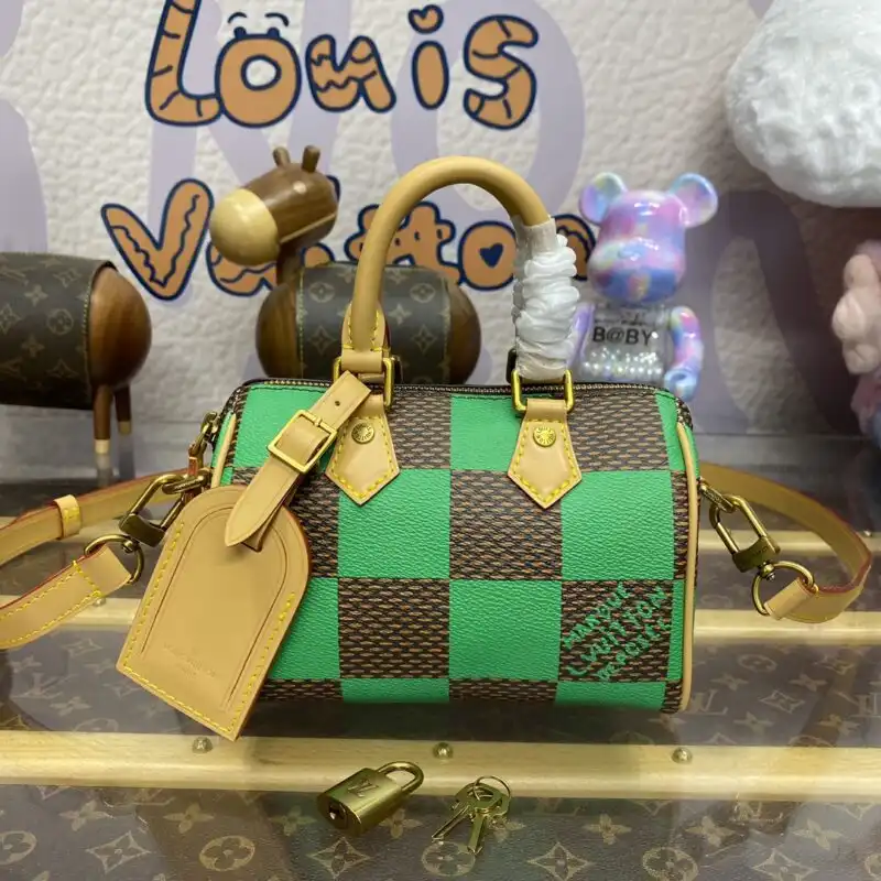 Discover the elegance of the Louis Vuitton Speedy 18 in Green Grid. 🌿✨ A perfect blend of style and grace for every occasion! 💖👜 https://tinyurl.com/29xsxqog