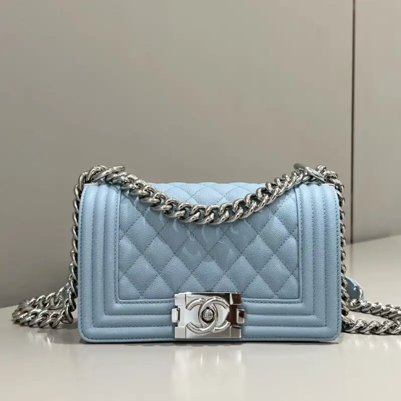 Discover the charm of CHANEL Le Boy in soft light blue. A timeless piece that adds elegance to your style. 💖✨👜 https://tinyurl.com/225ttpfu