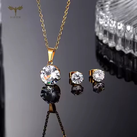 Geometric Zircon Stud Earrings Pendant Necklace Golden Stainless Steel Jewelry Set for Women Girls Accessories Christmas Gifts https://tinyurl.com/27oebzaj