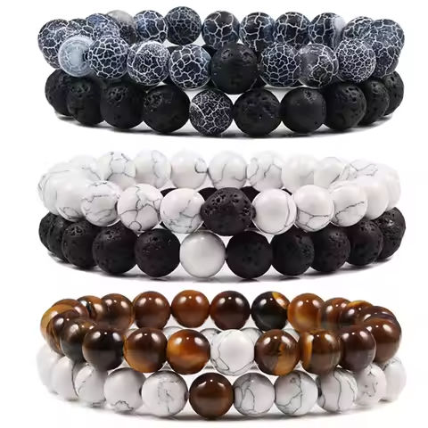Set Bracelet Couples Distance Black White Natural Lava Stone Tiger Eye Beaded Yoga Bracelets for Men Women Elastic Rope Jewelry https://tinyurl.com/26ajb67c