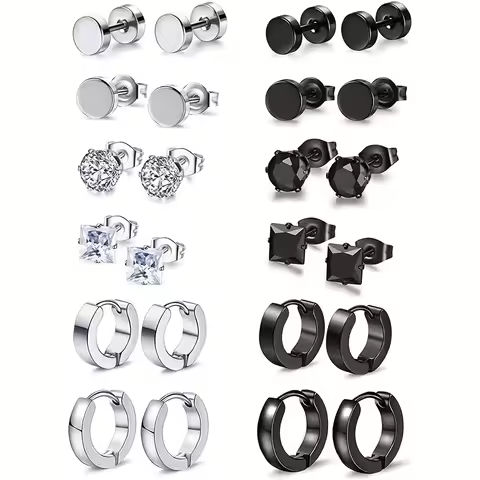 12 Pairs Popular Black And Silvery Stud Earrings Set, Stainless Steel Stud Earrings For Men And Women https://tinyurl.com/29gw4rwf