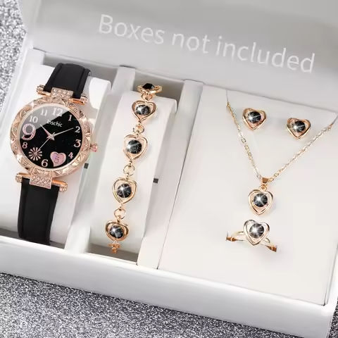 6PCS Women’s Watch Fashion Heart Dial Leather Band Quartz Watches Rhinestone Jewelry Set（Without Box） https://tinyurl.com/2y6xmwce