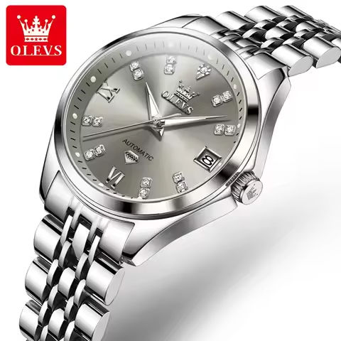 OLEVS Grey Women’s Watches Elegant Fashion Automatic Mechanical Watch for Lady Luminous Date Waterproof Stainless Steel Simple https://tinyurl.com/26p94fqz