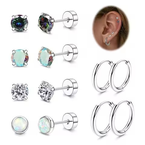 Women Men Hypoallergenic Hoop Earrings for Sensitive Ears CZ Flat Back Earrings Stud 18G Stainless Steel Cartilage Earrings Set https://tinyurl.com/2bgazp7g