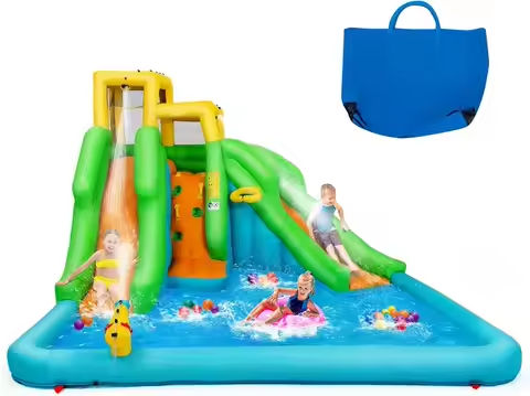Inflatable Water Slide, 6 in 1 Water Park Waterslide Inflatables with Climbing Wall, 2 Long Slides, Splash Pool & Ball Hoop, Out https://tinyurl.com/28ekva2z