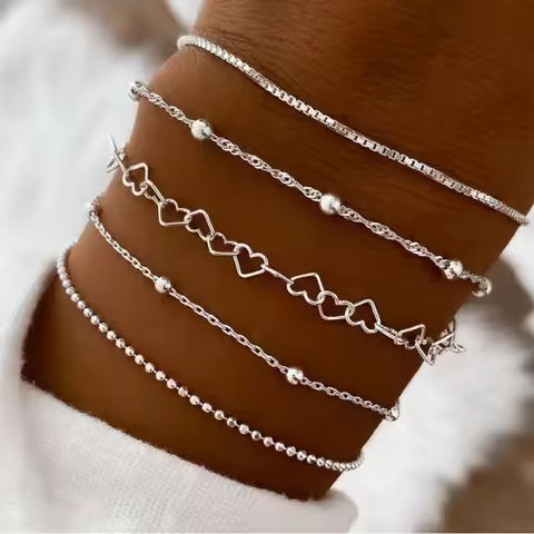 5-piece Bracelet Set, Women’s Alloy Round Bead Heart Chain, Minimalist Box Chain Bracelet https://tinyurl.com/269tmrbv