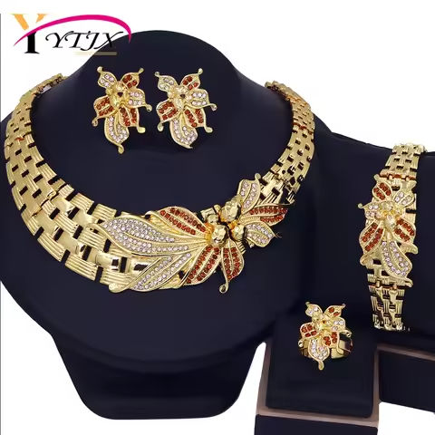 YTJX Wedding Jewelry Set Africal Big Flower Choker Necklace Fine Zircon Bracelet Piercing Earring Ring 18K Gold Plated Jewellery https://tinyurl.com/23pcwy8m