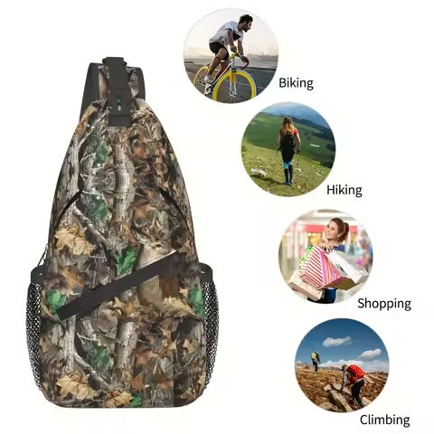 Crossbody Chest Bag, Camouflage Leaves and Deer Pattern, Large Capacity Durable Hiking Backpack, Perfect Gift for Outdoor Travel https://tinyurl.com/2xlkko4e