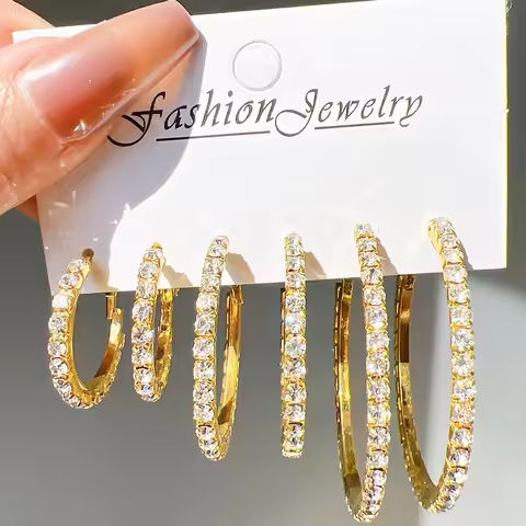 6PCS Exaggerated Big Gold Plated Crystal Rhinestone Hoop Earrings Set for Women Shiny Circle Earring Party Banquet Jewelry Gift https://tinyurl.com/286lqgpy