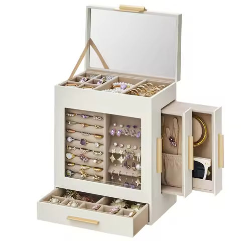 SONGMICS Jewelry Box with Glass Window, 5-Layer Jewelry Organizer with 3 Side Drawers, Jewelry Storage, with Big Mirror https://tinyurl.com/2yxjkbz2