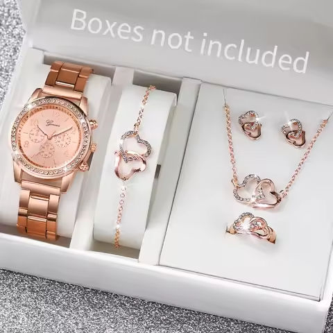 6PCS/Set Women’s Watch Fashion Rhinestone Stainless Steel Band Quartz Watch Double Heart Jewelry Set(Without Box) https://tinyurl.com/299xkumt