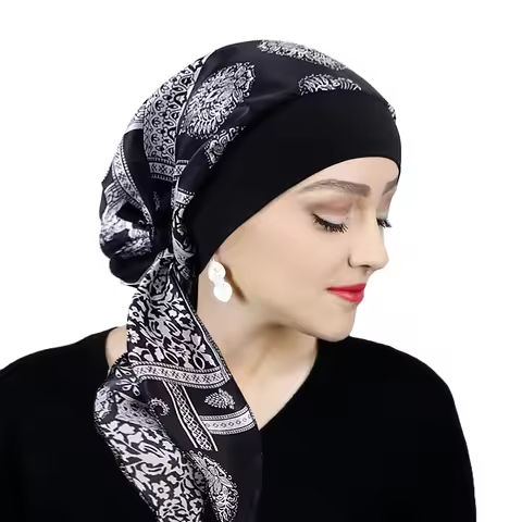 Women Satin Printed Turban Hat Stretch Wide-brimmed Nightcap Fashion Pre-tie Turban Wrap Head Cap Casual Durag Pirate Hat https://tinyurl.com/292az3zb