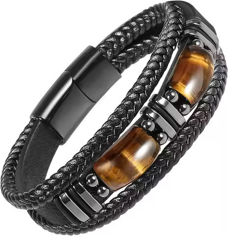 Tiger Eye Black Leather Bracelet Men Natural Gemstone Crystal Stone Jewelry Handmade Courage Stress Relief Protection Bracelet https://tinyurl.com/22qju5mv