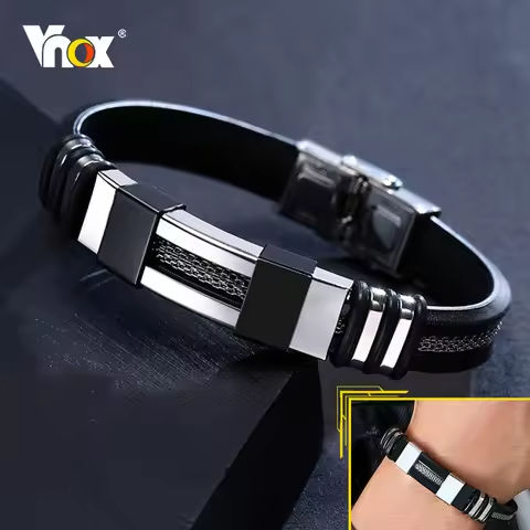 Vnox Stainless Steel Bracelet Men Wrist Band Black Grooved Rudder Silicone Mesh Link Insert Punk Wristband Stylish Casual Bangle https://tinyurl.com/272vdhs5