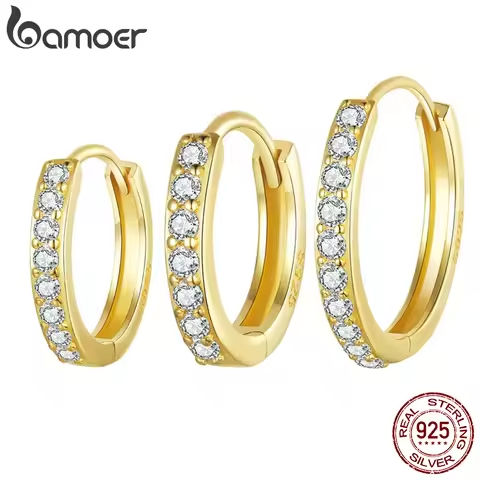 BAMOER 925 Sterling Silver Classic CZ Huggie Hoop Earrings, Gold Plated Cartilage Piercing Earrings Ear Cuff for Women BSE1060 https://tinyurl.com/2349upvy