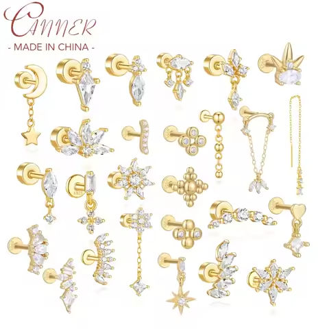 CANNER 1Pc 925 Silver Smooth Stars Moon Stud Earrings For Women 18K Gold Flat Head Threaded Puncture Ear Bone Ins Fine Jewelry https://tinyurl.com/29sh2h7n