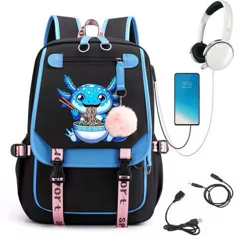 Kawaii Axolotl Eating Ramen Printed Teenage Book Bag Backpack Fashion Students School Bag Girls Usb Travel Knapsack Bag Backbag https://tinyurl.com/2cz2gqr2