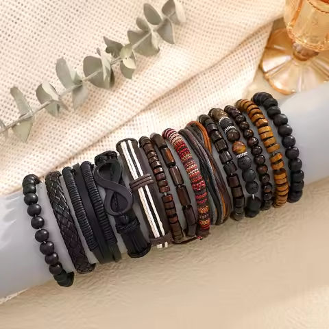 15 Pcs/set Classic Men’s Leather Bracelet Vintage Style Hand-woven Multi-layer Combination Accessory Fashion Man Jewelry Gifts https://tinyurl.com/28wf5m2j