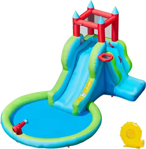 Inflatable Water Slide, 5-in-1 Outdoor Blow up Water Slide for Kids Aged 3-8 w/Water Cannon & Basketball Hoop & Climbing Wall & https://tinyurl.com/279p5sn6