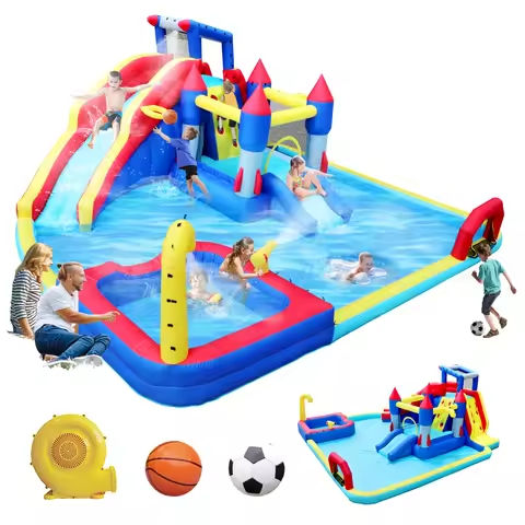 10 in1 Inflatable slide water park bouncing house garden with splash pool & water gun & basketball & climbing wall & dual pools https://tinyurl.com/289v3fpc