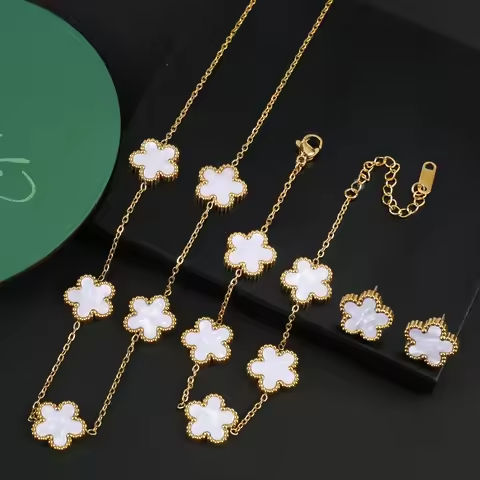 INS Hot Sale Stainless Steel Five Laef Flower Clover Bracelet Jewelry Set Necklace Earrings For Woman Daily Wear Brand Jewelry https://tinyurl.com/22z5j4f8