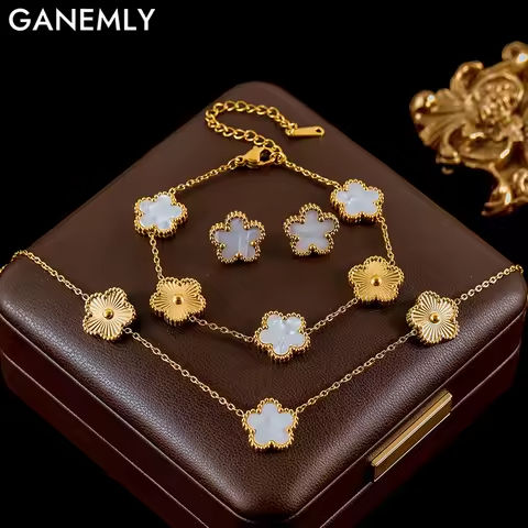 GANEMLY 316L Stainless Steel White Plum Blossom Plant Leaf Flower Set Reversible Necklace Earrings Bracelet Women Clover Jewelry https://tinyurl.com/2codnn26