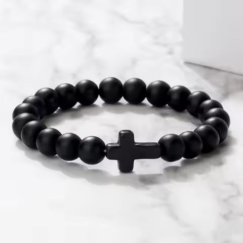 Charm Natural Stone Bracelet Cross Black Lava Matte Beaded Bracelets Handmade Men Women Prayer Fitness Chain Couple Jewelry Gift https://tinyurl.com/224ac434