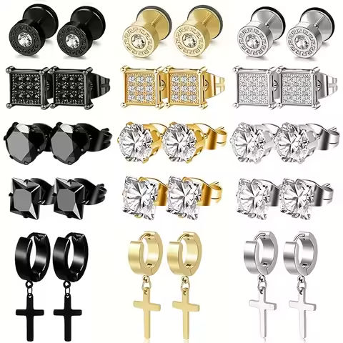 15 Pairs Stainless Steel Earrings Cross Dangle Hinged Earrings, Cubic Zirconia Stud Earrings For Men, Ear Piercing Jewelry https://tinyurl.com/2ady57cn