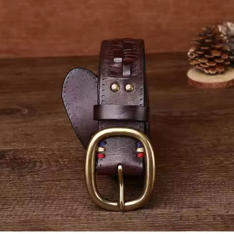 Men’s first layer cowhide braided retro belt personality non-perforated copper buckle outdoor tactical trendy casual belt https://tinyurl.com/24pvxy37