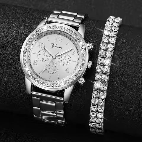Fashion Women Stainless Steel  Silver Color Quartz Watch with Diamond Bracelet https://tinyurl.com/29yjckus