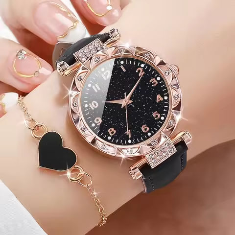 2PCS/Set Fashion Rhinestone Women’s Quartz Watch Analog PU Leather Band Wrist Watches Heart Bracelet https://tinyurl.com/2465tukp
