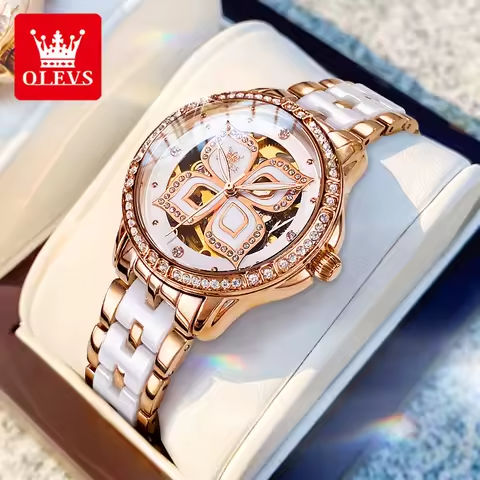 OLEVS 6612 Original Automatic Mechanical Wristwatch for Women Diamond Bezel Hollow Lucky Four Leaf Clover Elegant Ladies Watches https://tinyurl.com/2bhwmgfm