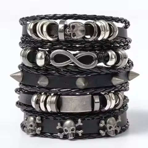 5pcs Metal Diy Braided Punk Style Bracelet Set, Featuring Pu Leather And Beads https://tinyurl.com/26omdcm4