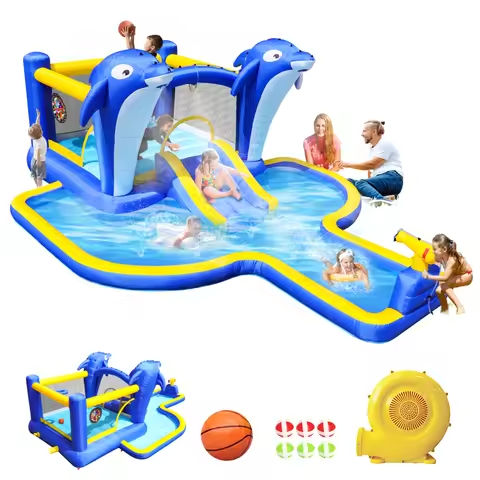 6 in1 Inflatable slide water park trampoline bouncing house outdoor garden with  Dolphin sprinkler & Target games & Water gun https://tinyurl.com/2844gxmh
