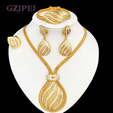 GZJPEI Two Tone Jewelry Set Gold Plated Big Pendant Necklace Bracelet Water Drop Earring Ring For Women Wedding Gifts 2025 New https://tinyurl.com/2bck3dok
