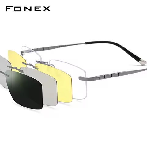 FONEX Titanium Glasses Frame Men Square Magnet Clip on Rimless Eyeglasses 3D Night Vision Polarized Lens Japanese Eyewear 85761 https://tinyurl.com/22ge3k5b
