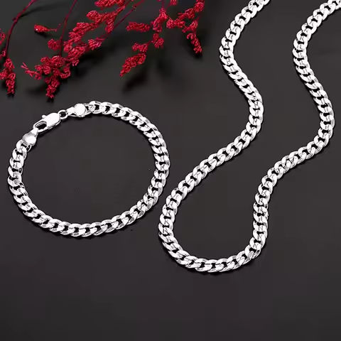Hot high quality 925 Sterling silver charm 7MM Chain bracelets neckalces jewelry set for man women fashion Party wedding gifts https://tinyurl.com/2aokpkhj