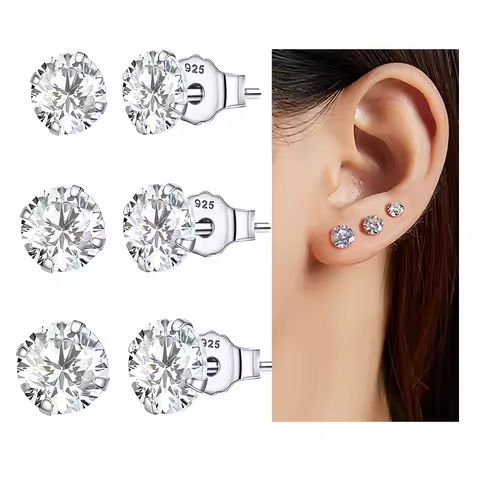 bamoer 3 Pairs Stud Earrings Set 925 Sterling Silver Stone CZ Minimalist Dazzling Fashion Earrings 4mm 5mm 6mm Diameter BSE166 https://tinyurl.com/25xoaapt