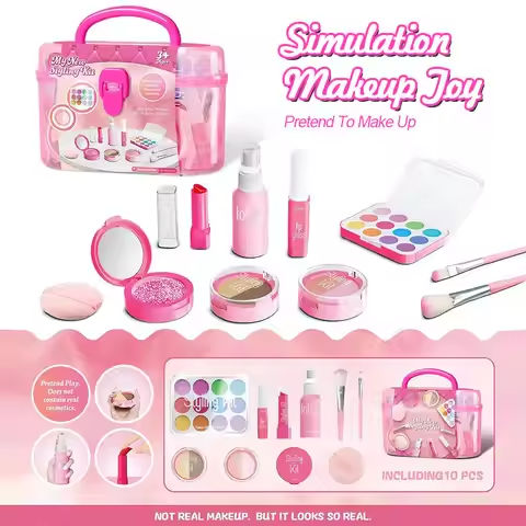 Pretend Makeup Playset, 10-Piece Non-Toxic Toy Cosmetics Set With Eyeshadow Palette, Lipstick, Applicators,  (Not Real Makeup) https://tinyurl.com/2aat6g5r