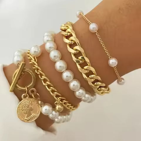 Boho Fashion Bracelets For Women Vintage Geometric Imitation-pearl Human Head Coin Pendant Gold-color Jewelry Gift For Fema https://tinyurl.com/29qmwxom