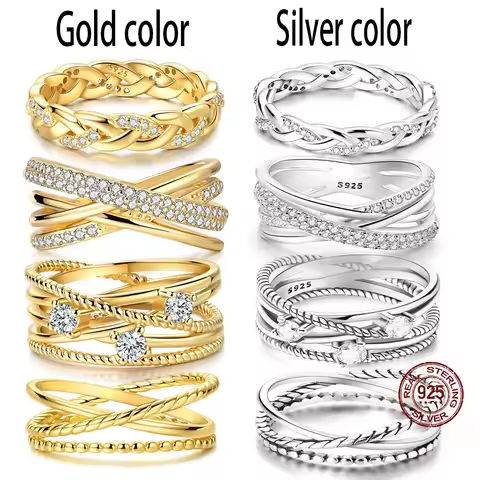 New 925 Sterling Silver Gold Zircon Rings Stackable Simple Weaving For Women Original Silver 925 Wedding Ring Jewelry Gifts https://tinyurl.com/27hw8gtq
