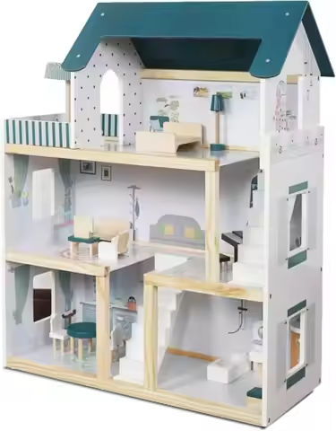 Kids Wooden Dollhouse, 17-Piece Accessories & Furniture are Included, with Balcony & Stairs, 3 Story Easy to Assemble Doll House https://tinyurl.com/2bqahrjp