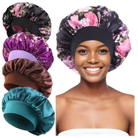 4PCS/LOT Satin Wide Brim Floral Nightcap Bonnet Hair Wrap Night Sleeping Sleep Cap Elastic Soft Band Hair Care Shower Hat https://tinyurl.com/24rrmrhb