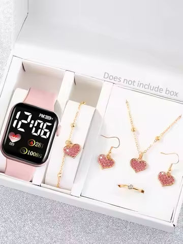 Pink sport simple rectangular silicone women’s digital watch with heart full diamond necklace set birthday gift https://tinyurl.com/2764d7lt