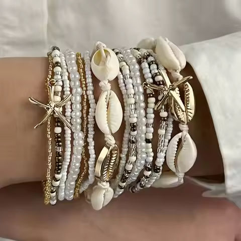 14 piece set of fashionable Bohemian acrylic starfish beaded rice bead women’s fashionable bracelet set for beach vacation https://tinyurl.com/26aggjt7