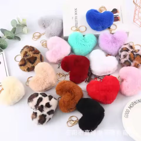 New Heart Plush Hair Ball Keychain Women Leopard Pompom Love Car Key Chain Bags Pendant Hairball Key Rings Jewelry https://tinyurl.com/2ygox9z3