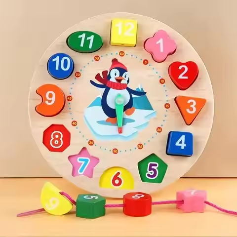 Wooden Number Blocks Puzzle Shape Color Sorting Clock Montessori Toys for Kids Early Education Penguin Patterns Time Learning https://tinyurl.com/28fbtq77