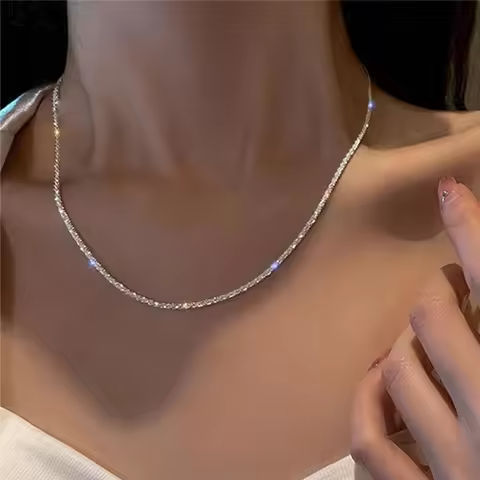 Authentic S925 Sterling Silver Necklace 2mm Sparkling Collarbone, Sweater Chain, High Charm Jewelry Gift Women https://tinyurl.com/28oyxfxn