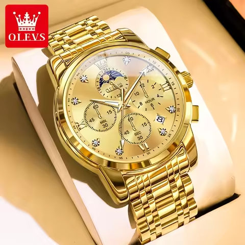 OLEVS Top Luxury Brand Men’s Watches Moon Phase Chronograph Quartz Watch for Man Gold Stainless Steel Luminous Original Watch https://tinyurl.com/2bl55x58