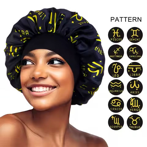 Constellation Print Satin Bonnet Sleeping Cap Elastic Zodiac Sign Nightcap Hair Care Turban Washing Face Skin-caring Make-up Hat https://tinyurl.com/26qnk79c